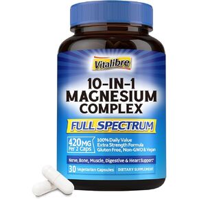 Magnesium Complex Supplement 10 in 1, 420mg High Absorption Magnesium Glycinate, Citrate, Malate, Taurate & More, 100% DV, Chelated Magnesium for Sleep, Nerve & Muscle, 60 Vegan Capsules, Non GMO