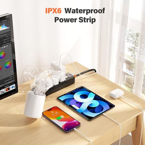 Outdoor Power Strip Weatherproof, 7-in-1 Surge Protector with 4 Wide Outlets 2USB A and 1USB C,1875W/15A, 6FT Flat Plug Multi-Plug Outdoor Extension Cord for Indoor Outdoor, UL FCC Listed in Saudi Arabia