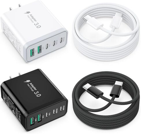 USB C Charger Block, Besgoods Multiple Ports Fast Charging Block 50W USB C USB A Phone Charger Wall Plug 5 Devices 6ft Braided USB C to C Cable for iPhone 16 Pro Max 15 14 13 12 iPad Pro Galaxy, 2Pack in Kuwait