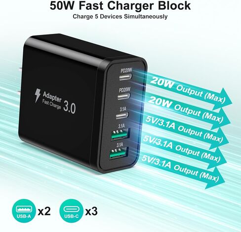 USB C Charger Block, Besgoods Multiple Ports Fast Charging Block 50W USB C USB A Phone Charger Wall Plug 5 Devices 6ft Braided USB C to C Cable for iPhone 16 Pro Max 15 14 13 12 iPad Pro Galaxy, 2Pack in Kuwait