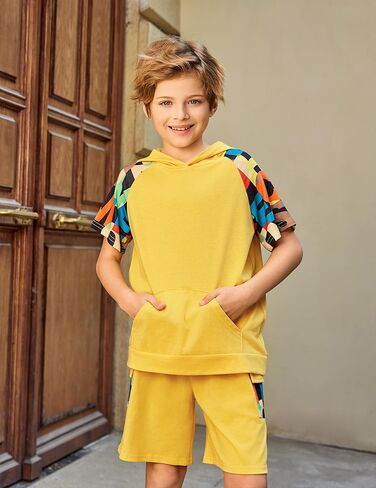 Arshiner Boys 2 Piece Summer Outfits Letter Graphic Colorblock Short Sleeve Hoodie and Short Sets whith Pockets 5-12 Years in Kuwait