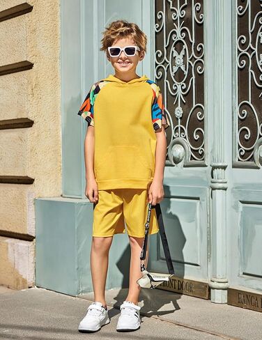 Arshiner Boys 2 Piece Summer Outfits Letter Graphic Colorblock Short Sleeve Hoodie and Short Sets whith Pockets 5-12 Years in Kuwait