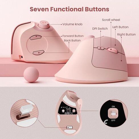 seenda Ergonomic Mouse Rechargeable, Vertical Wireless Mouse with Volume knob, Quiet clicks, 3 Device Connection (Bluetooth or USB), Optical Mice for Windows, PC/Mac- Black in Kuwait