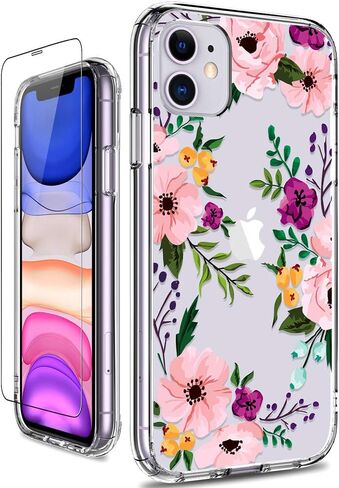 GiiKa for iPhone 11 Case with Screen Protector, Clear Heavy Duty Protective Case Floral Girls Women Shockproof Hard PC Back Case with Slim TPU Bumper Cover Phone Case for iPhone 11, Small Flowers in Saudi Arabia