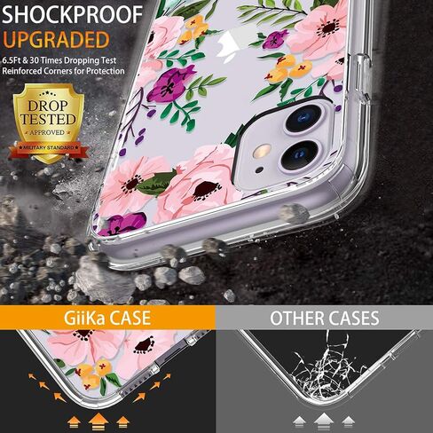 GiiKa for iPhone 11 Case with Screen Protector, Clear Heavy Duty Protective Case Floral Girls Women Shockproof Hard PC Back Case with Slim TPU Bumper Cover Phone Case for iPhone 11, Small Flowers in Saudi Arabia