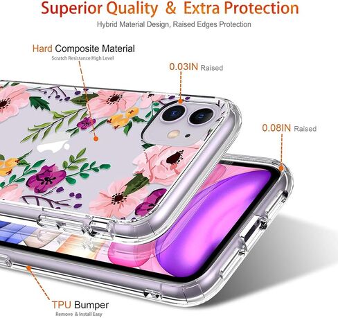 GiiKa for iPhone 11 Case with Screen Protector, Clear Heavy Duty Protective Case Floral Girls Women Shockproof Hard PC Back Case with Slim TPU Bumper Cover Phone Case for iPhone 11, Small Flowers in Saudi Arabia