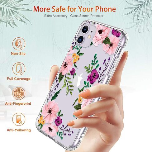 GiiKa for iPhone 11 Case with Screen Protector, Clear Heavy Duty Protective Case Floral Girls Women Shockproof Hard PC Back Case with Slim TPU Bumper Cover Phone Case for iPhone 11, Small Flowers in Saudi Arabia