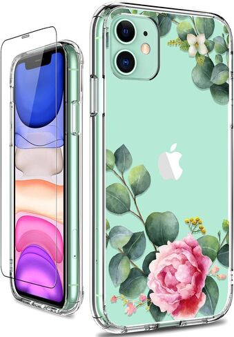 GiiKa for iPhone 11 Case with Screen Protector, Clear Heavy Duty Protective Case Floral Girls Women Shockproof Hard PC Back Case with Slim TPU Bumper Cover Phone Case for iPhone 11, Small Flowers in Saudi Arabia