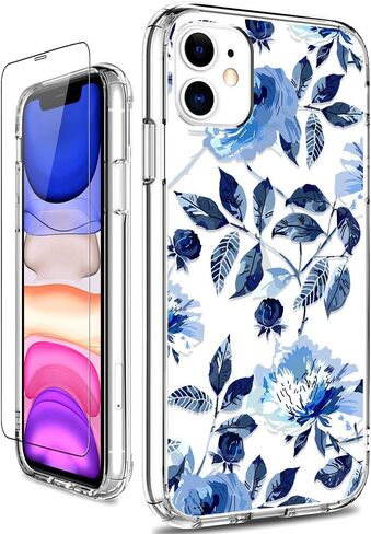 GiiKa for iPhone 11 Case with Screen Protector, Clear Heavy Duty Protective Case Floral Girls Women Shockproof Hard PC Back Case with Slim TPU Bumper Cover Phone Case for iPhone 11, Small Flowers in Kuwait