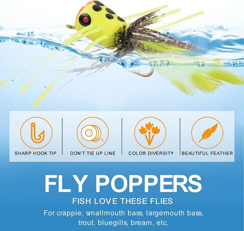 OROOTL Fly Fishing Popper Flies Kit Colorful Fly Fishing Flies Popper Lures Foam Float Topwater Popping Bugs Lures Accessories for Trout Panfish Bluegill Bass Sunfish Salmon in Kuwait