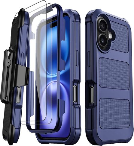 for iPhone 16 Case with 2X Screen Protector + [Kickstand & Belt Clip Holster], Military-Grade Drop Protection Bumper Heavy Duty Dustproof Shockproof Phone Case for iPhone 16 6.1" in Kuwait