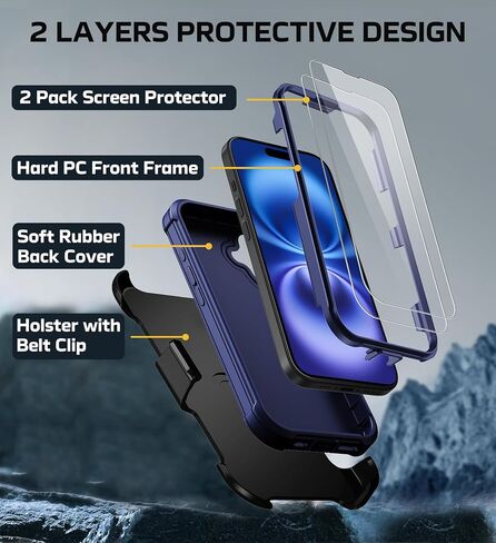 for iPhone 16 Case with 2X Screen Protector + [Kickstand & Belt Clip Holster], Military-Grade Drop Protection Bumper Heavy Duty Dustproof Shockproof Phone Case for iPhone 16 6.1" in Kuwait