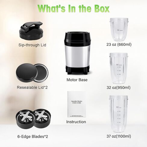 Nahida Blender for Smoothies, 1200W Smoothie Blender for Ice Crushing, Blenders with (2) 6-Fin Blades, Personal Blenders for Kitchen with 23oz, 32oz, 37oz Easy Go Cups for Juices, Silver in Kuwait