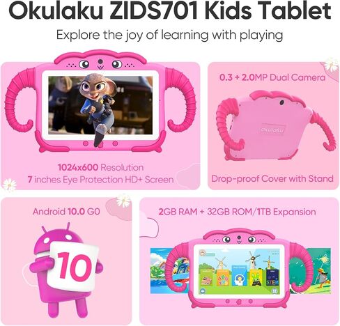 okulaku Kids Tablet 7 inch Tablet for Kids 3-7 Toddler Tablet with Case WiFi, Kid Learning Tablet 32GB Installed with Educational Games 64GB Expanded Child Tablet Parent Control Tablet for Boys Girls in Saudi Arabia