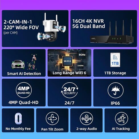 [2-in-1 CAM] XMARTO 16CH Security Camera System Outdoor Wireless, 4pcs 2-in-1 Cameras, 16CH 4K Long Range WiFi 6 Surveillance DVR NVR Kit, Pan Tilt Zoom 4MP QHD Home CCTV Camera Set w. 1TB Hard Disk in Kuwait