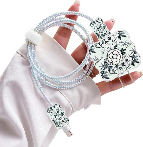 CameCosy DIY Cable Protector for iPhone 18W/20W Adapter, Leather Camellia Flowers Design Data Line Cable Wire Saver Phone Charging Protector for iPhone Charger-Light Green in Saudi Arabia