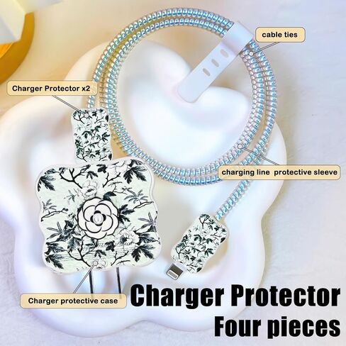 CameCosy DIY Cable Protector for iPhone 18W/20W Adapter, Leather Camellia Flowers Design Data Line Cable Wire Saver Phone Charging Protector for iPhone Charger-Light Green in Saudi Arabia