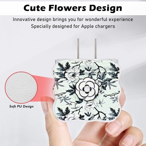 CameCosy DIY Cable Protector for iPhone 18W/20W Adapter, Leather Camellia Flowers Design Data Line Cable Wire Saver Phone Charging Protector for iPhone Charger-Light Green in Saudi Arabia