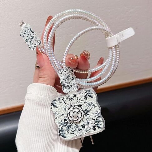 CameCosy DIY Cable Protector for iPhone 18W/20W Adapter, Leather Camellia Flowers Design Data Line Cable Wire Saver Phone Charging Protector for iPhone Charger-Light Green in Saudi Arabia