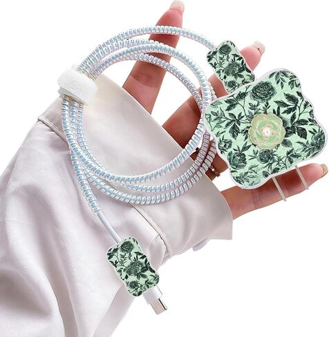 CameCosy DIY Cable Protector for iPhone 18W/20W Adapter, Leather Camellia Flowers Design Data Line Cable Wire Saver Phone Charging Protector for iPhone Charger-Light Green in Saudi Arabia