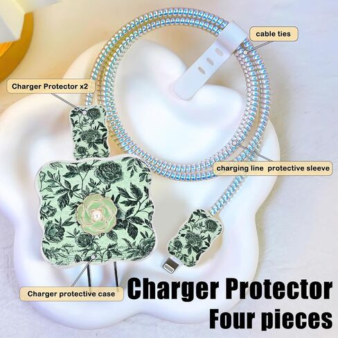 CameCosy DIY Cable Protector for iPhone 18W/20W Adapter, Leather Camellia Flowers Design Data Line Cable Wire Saver Phone Charging Protector for iPhone Charger-Light Green in Saudi Arabia