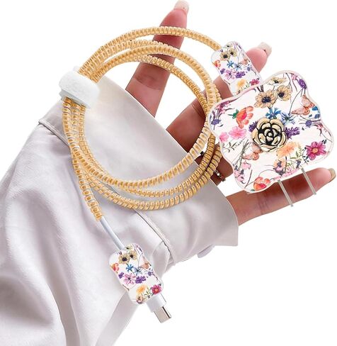 CameCosy DIY Cable Protector for iPhone 18W/20W Adapter, Leather Camellia Flowers Design Data Line Cable Wire Saver Phone Charging Protector for iPhone Charger-Light Green in Saudi Arabia