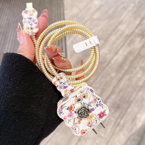 CameCosy DIY Cable Protector for iPhone 18W/20W Adapter, Leather Camellia Flowers Design Data Line Cable Wire Saver Phone Charging Protector for iPhone Charger-Light Green in Saudi Arabia