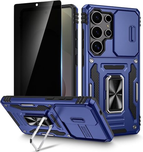 Maxdara for Galaxy S25 Ultra Case, with Slide Camera Cover & Built-in Rotating Kickstand Ring & 1 Pack Privacy Screen Protector Stand Phone Case for Samsung Galaxy S25 Ultra 6.9 Inch, Black in Saudi Arabia