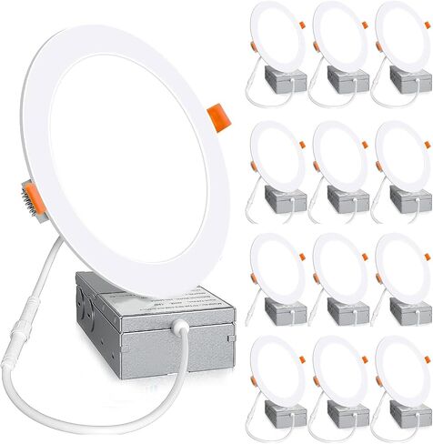 12 Pack 6 Inch 6000K Daylight Ultra-Thin LED Recessed Ceiling Light with Junction Box, 1080LM Brightness, Dimmable Canless Wafer Downlight 12W 110W Eqv Can-Killer Downlight. in Saudi Arabia
