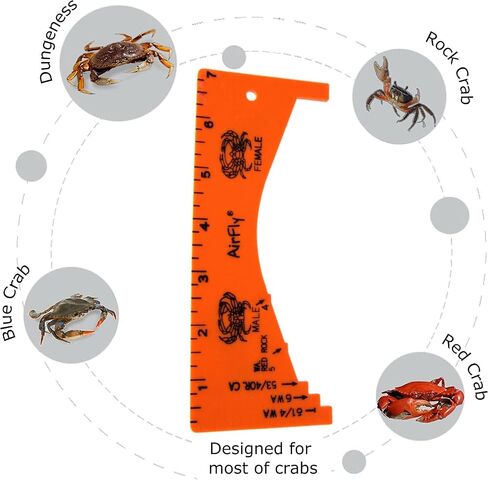 AirFly Crab Gauge - Measure for Dungeness, Rock Crab, Blue Crab, Lobster. Designed in San Francicso, USA (Orange + Aluminum) in Saudi Arabia