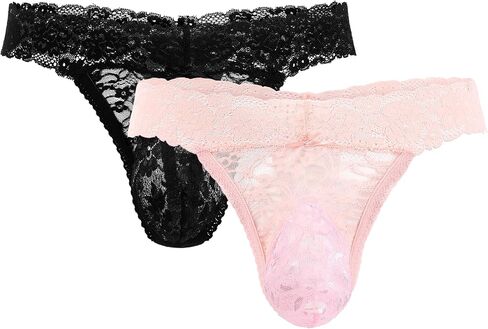 2 Pcs Men's Thong Underwear Lace Frilly Thongs Sheer Mesh Bikini Briefs Sissy G-string Lace Panties Men, Black, Red in Saudi Arabia