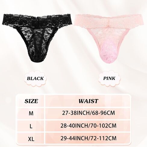2 Pcs Men's Thong Underwear Lace Frilly Thongs Sheer Mesh Bikini Briefs Sissy G-string Lace Panties Men, Black, Red in Saudi Arabia