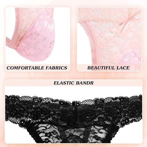 2 Pcs Men's Thong Underwear Lace Frilly Thongs Sheer Mesh Bikini Briefs Sissy G-string Lace Panties Men, Black, Red in Saudi Arabia
