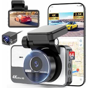 Dash Cam Front Rear, 4K/2.5K Full HD Dash Camera for Cars, Included 64GB Card, Built-in Wi-Fi Camera, Night Vision, 3" IPS Screen, 170°Wide Angle, WDR, 24H Parking