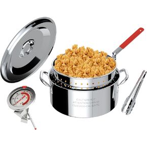 10QT stainless Steel Fish Fryer Pot with Lid | Fryer Tong | Thermometer | Deep Fryer with 8Qt Basket for Cooking Seafood | French Fries | Chicken Wings | Dishwasher safe