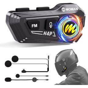 Motorcycle Helmet Headset, Moman RS-H4P Motorbike Headphone BT5.1 with Hi-Fi Speakers Dual Noise Reduction【New Upgrade】in RGB/FM/Glove-Friendly Button/Hands-Free Call/AI Voice Earphone for Solo Riding