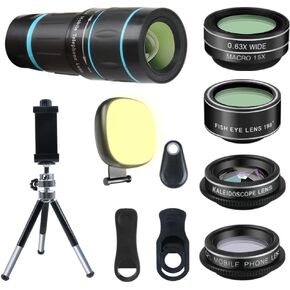 Phone Camera Lens, 6 lenses+ LED Light+ Remote Shutter+ Tripod, 18X Telephoto Zoom/Wide angle/Macro/Fisheye/CPL/Kaleidoscope camera lens kit for iPhone Xs X XR 8 7 6 Plus Samsung and Android