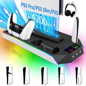 PS5/PS5 Pro Cooling Station for ps5 Console,PS5/Slim Holder with RGB Lighting,PS5 Controller Charger for PlayStation 5 Cooling Station,PS5/PS5 Slim Accessories with ps5 Vertical Stand（Upgraded）