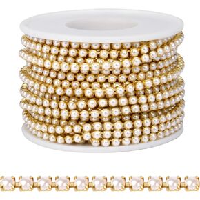 10 Yards Gold Pearl Trim Chain for Craft, 4MM Pearl Beaded Trim by Yard Gold Pearl Claw Cup Chain for Sewing DIY Crafts Jewelry Making Decoration