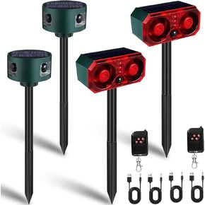 Qualirey 4 Pack Solar Outdoor Motion Sensor Alarm Animal Deterrent Remote Control 129db Loud Noise Maker Multiple Work Modes Strobe Light USB Charging Cable for Farm, Yard, Home Security