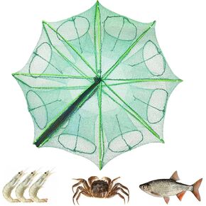 8 Holes Foldable Fishing Bait Trap 27.5" Large Portable Fishing Net Collapsible Net Cast Cage with Zipper Rope Minnow Trap for Minnows Lobster Crawfish Shrimp, Green