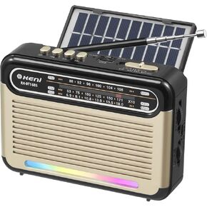 G Keni Portable Solar Radio AM FM SW with Rechargeable Battery Operated, Shortwave Bluetooth Radio Strong Reception, USB/TF Card Input, Solar Panel, Big Speaker with Ambient Light (Golden&Black)