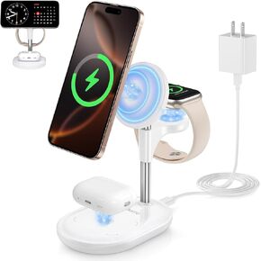 3 in 1 Wireless Charging Station for Apple MagSafe Charger, 15W Fast Qi-Certified Magnetic Mag-Safe Charger Stand for iPhone 16 15 14 13 12 Apple Watch AirPods, Adjustable Angle,Gifts for Men