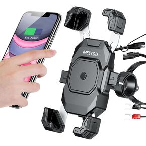 iMESTOU Motorcycle Wireless USB C Charger Phone Mount with Detachable SAE-O Ring Wire, Fits for 5.5"-7.2" Phones with Thickness Up to 15mm, Width ＜93mm, Works with 12-24V Motorcycles