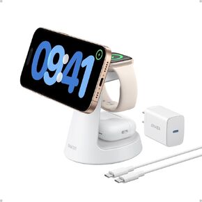 Anker MagSafe Charger Compatible, MagGo 3-in-1 Charging Station, Qi2 Certified 15W Magnetic Wireless Charger Dock Stand, For iPhone16/15/14/13/12 Series, Apple Watch,AirPods,and More(Adapter Included)