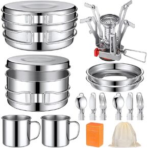 15 Pcs Camp Cooking Set Stainless Steel Camping Cookware Mess Kit with Pot Pan and Stove 2 Set Stainless Steel Cups Plates Forks Knives Spoons for Camping Backpacking Outdoor Cooking Picnic
