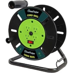 Extension Cord Storage Reel with 4-Grounded Outlets, Green Heavy Duty Open Cord Reel for 12/3 14/3 16/3 Power Cords, 10A Circuit Breaker, ETL Listed