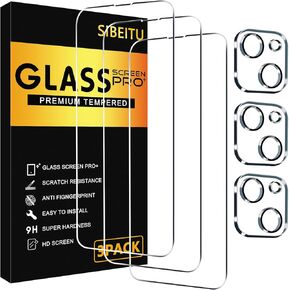 SIBEITU 3 Pack Screen Protector for iPhone 13 with 3 Pack Camera Lens Tempered Glass Protector, 6.1 Inch HD Clear Tempered Glass Film 9H Hardness Full Coverage, Scratch Resistent, No Air Bubbles