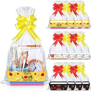 SiliFine 36 Pcs Thanksgiving Baskets for Gifts Empty Fall Gift Basket Kit Include 12 Pcs 9.84 x 6.5 x 3.54 Inch Fall Basket with 12 Pull Bows 12 Wrap Bags for Birthday Autumn Thanksgiving Party Favors