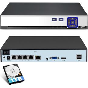 TOWODE 4CH POE Network Video Recorder for Home Security Camera System Work with 4K/2K/3MP/4MP/5MP/6MP/8MP/1080P HD IP Cameras PoE NVR, 24/7 Recording Pre-Installed 1TB Hard Drive